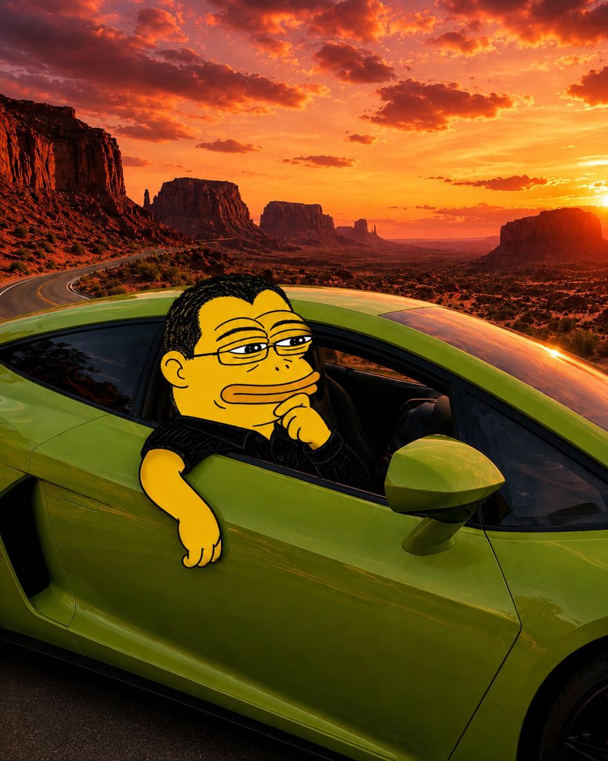 Chang leaning out of a green sports car at sunset in the desert