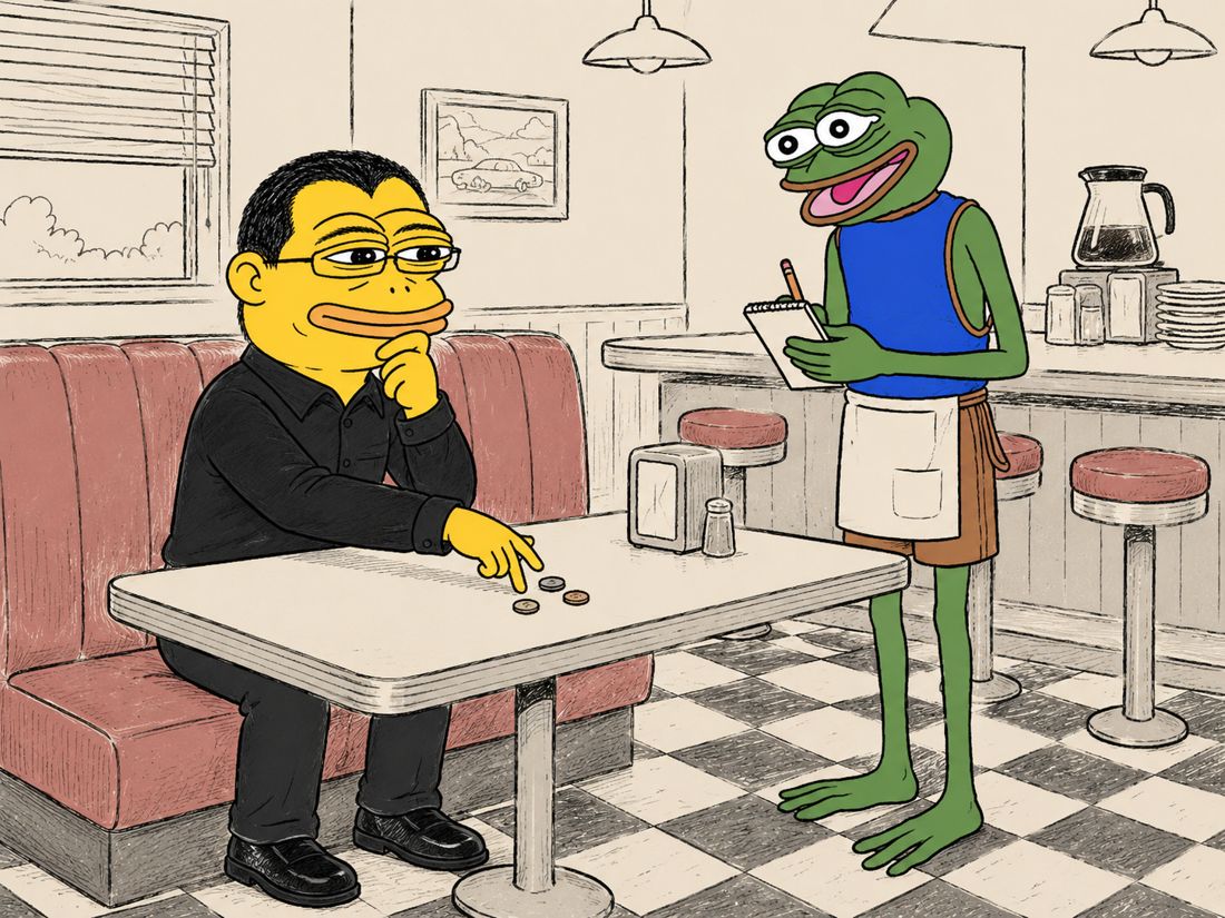 Chang counting coins at a diner while a frog waiter takes his order