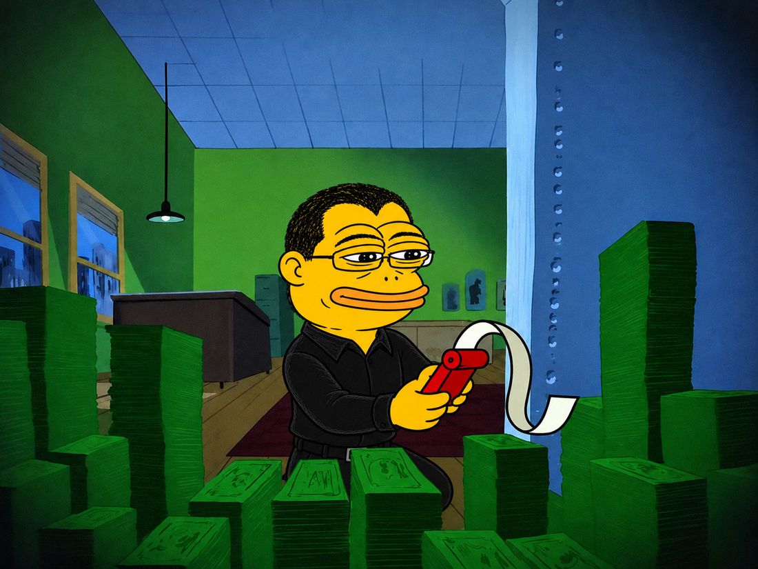Chang in a vault counting stacks of cash with a calculator