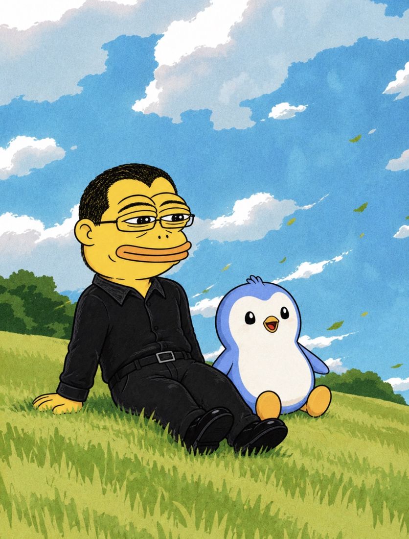 Chang sitting in a field beside Peng the penguin